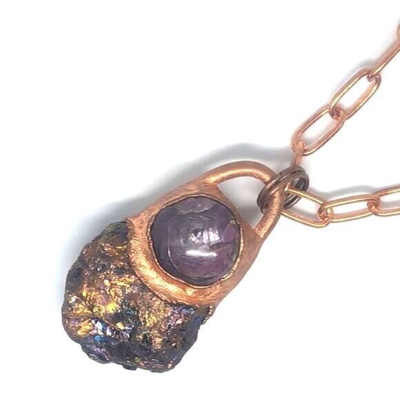 Hand Crafted Jewelry - 'Ameliana' Unakite Rune, Bornite & Ruby Necklace